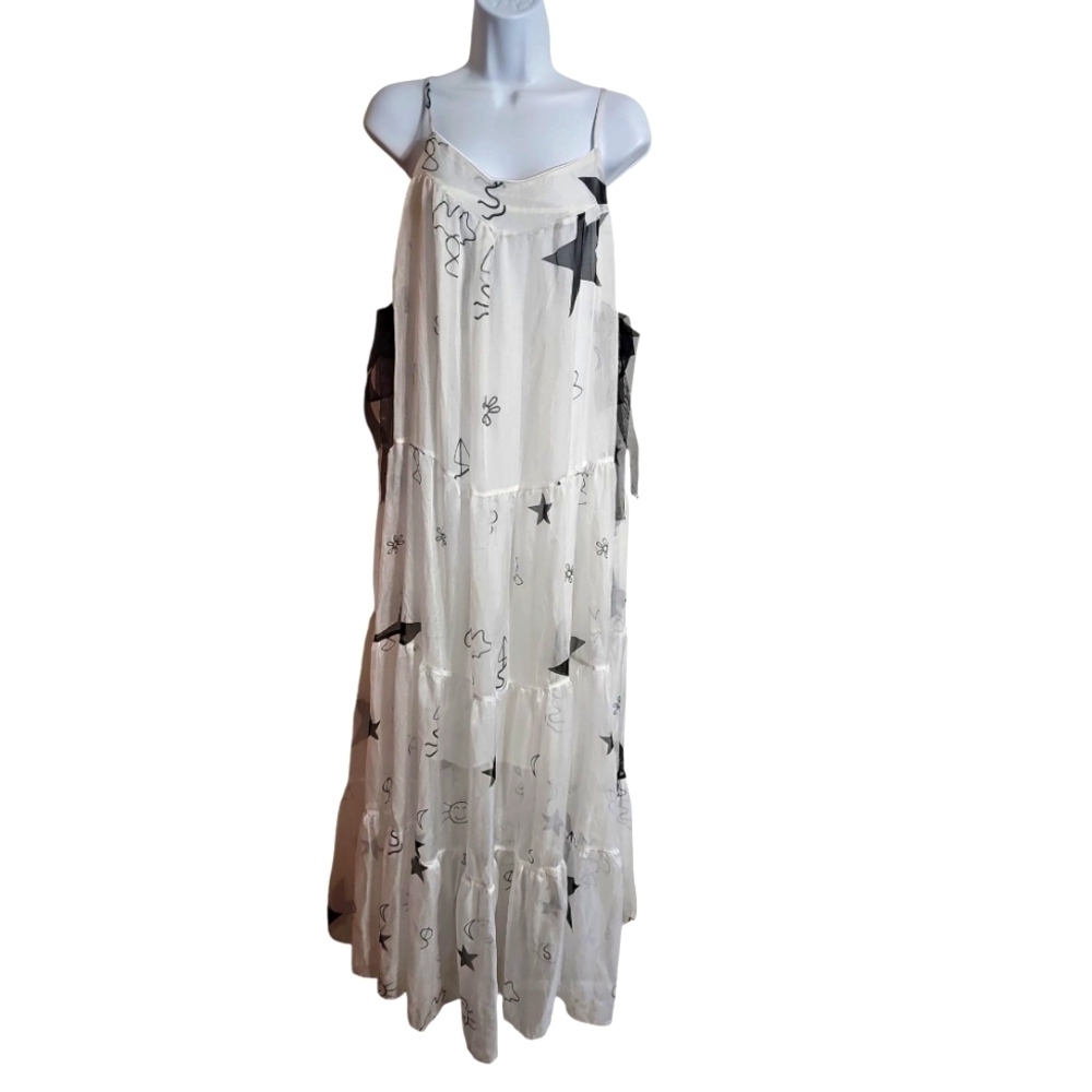 FashionMia M White Black Artsy Tiered Maxi Dress Organza Boho Festival Style Y2K - Picture 2 of 8